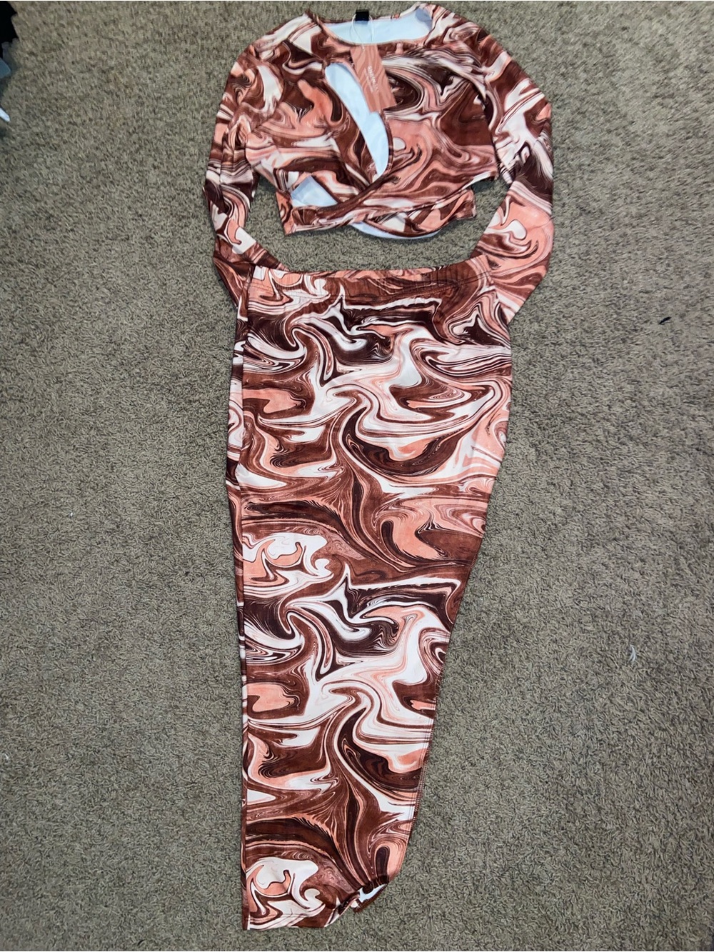 SHEIN Swirl Print Midi Skirt in Brown & Cream